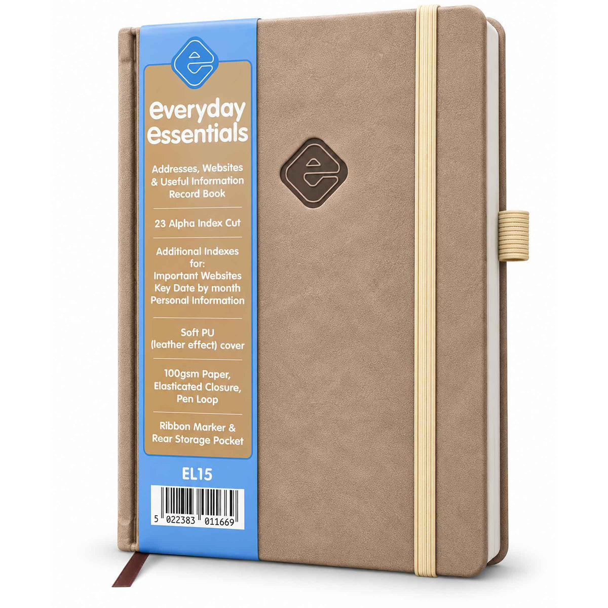 Esposti Address & Everyday Essentials Book A-Z Address Book with Website Password Records, Key Dates & Useful Information Sections, Faux Leather Cover, Elastic Closure, Pen Loop, 144 Pages, Taupe
