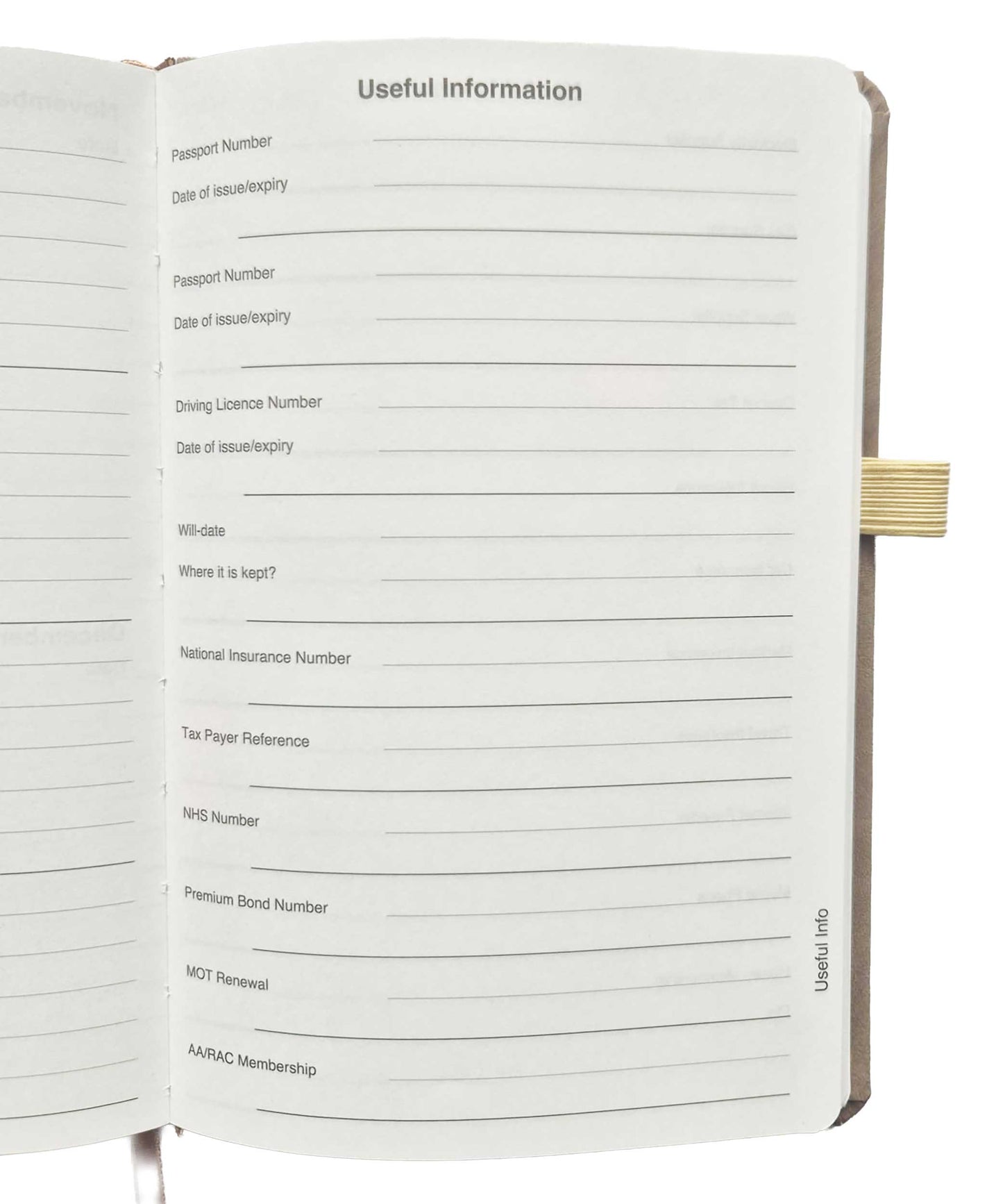 Esposti Address & Everyday Essentials Book A-Z Address Book with Website Password Records, Key Dates & Useful Information Sections, Faux Leather Cover, Elastic Closure, Pen Loop, 144 Pages, Taupe