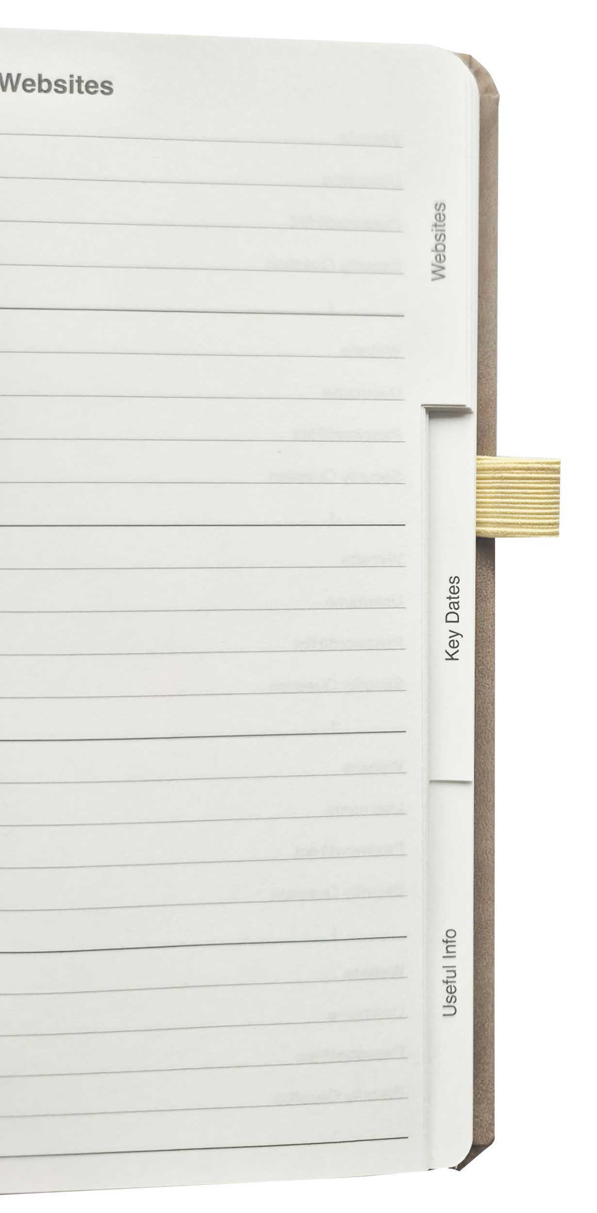 Esposti Address & Everyday Essentials Book A-Z Address Book with Website Password Records, Key Dates & Useful Information Sections, Faux Leather Cover, Elastic Closure, Pen Loop, 144 Pages, Taupe